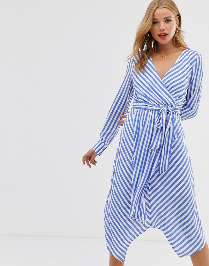 Glamorous Wrap Front Dress With Tie Waist In Diagonal Stripe