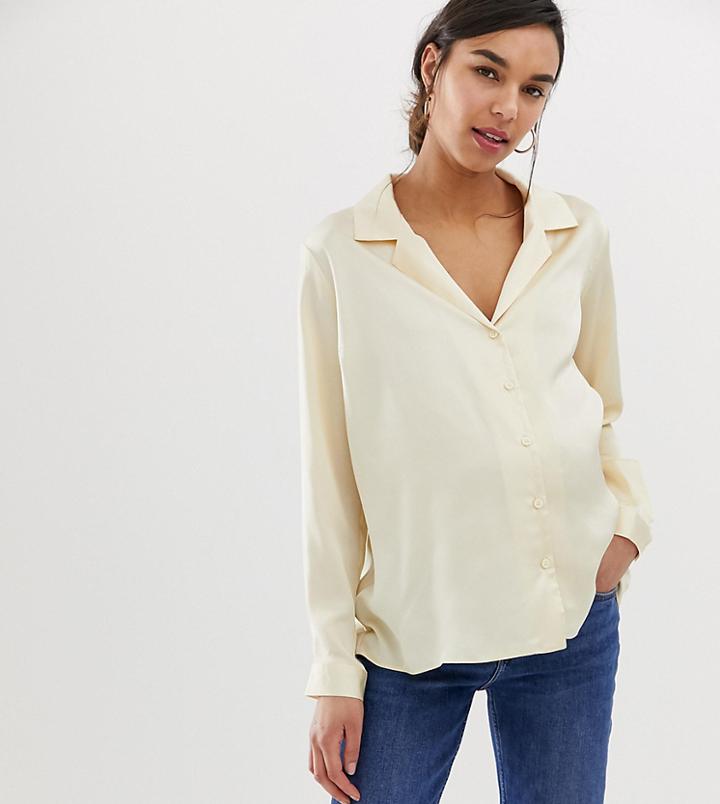 Asos Design Maternity Relaxed Satin Long Sleeve Shirt - Cream