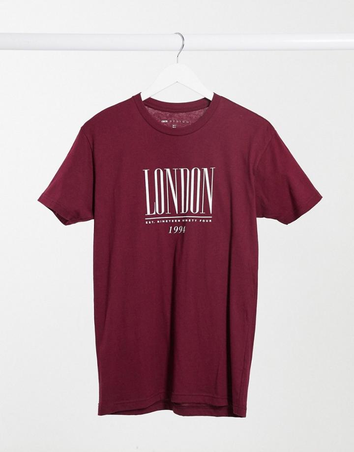 Asos Design Oversized T-shirt With London Logo In Dark Red