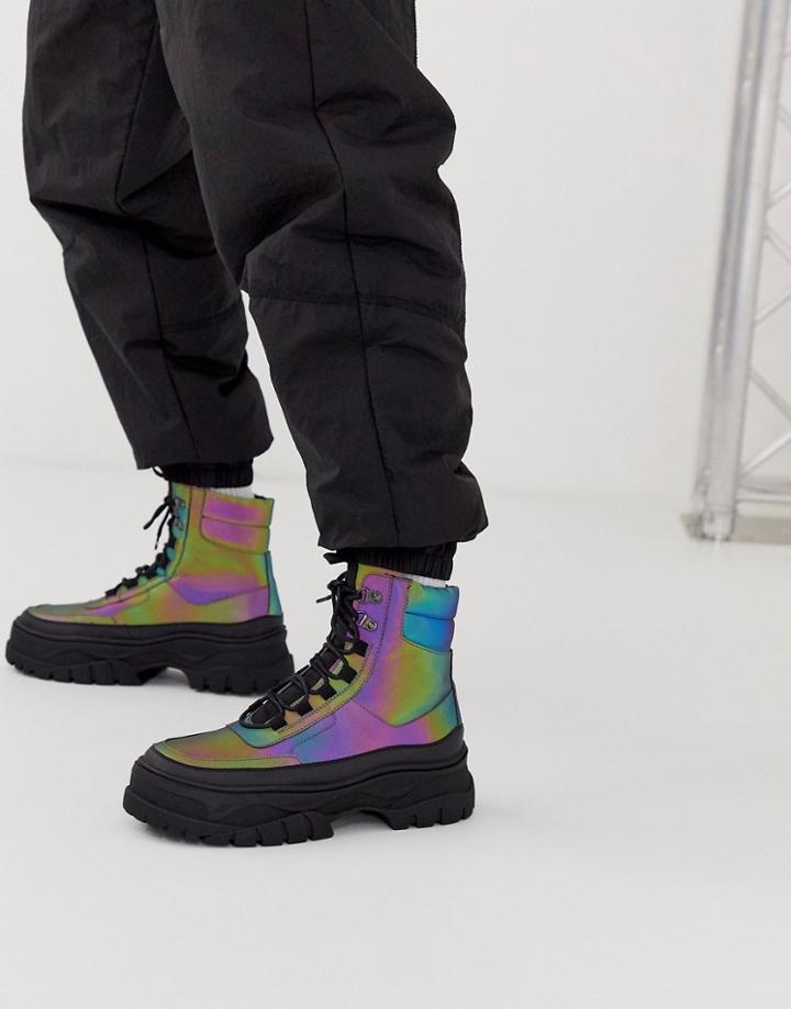 Asos Design Lace Up Boot In Reflective With Chunky Black Sole-multi