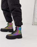 Asos Design Lace Up Boot In Reflective With Chunky Black Sole-multi