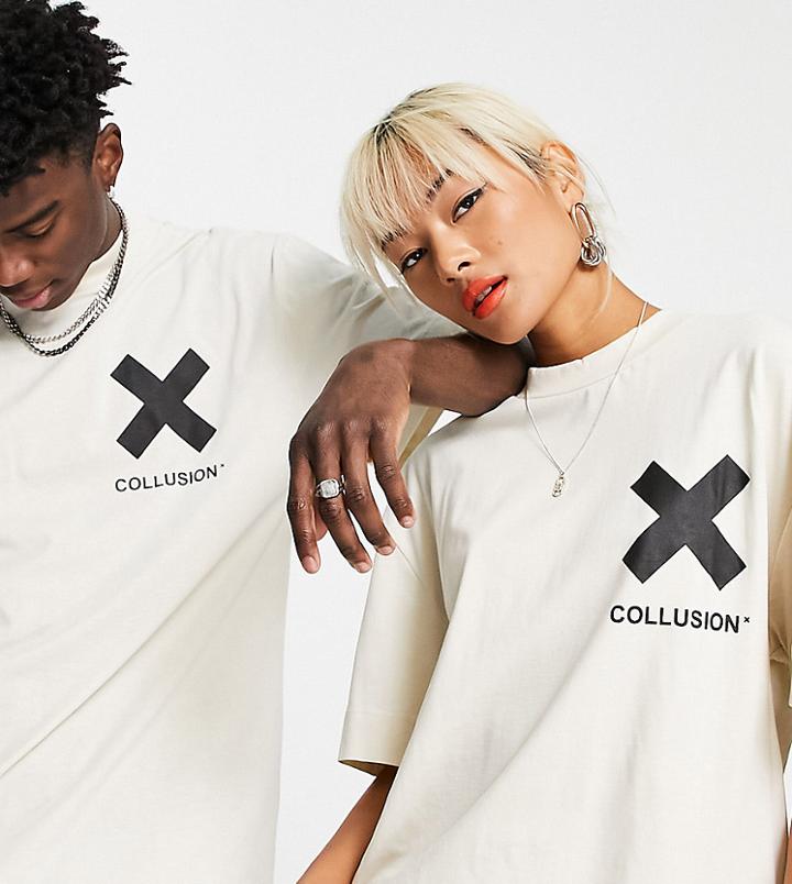 Collusion Unisex Logo Cotton T-shirt In Off-white - White