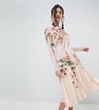 Asos Tall Midi Dress With Pretty Floral And Bird Embroidery - Pink
