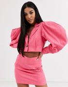 Asos Design Premium Sleeve Drama Cropped Jacquard Suit Blazer-pink