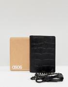 Asos Leather Wallet In Black Crocodile Emboss With Chain - Black