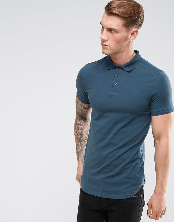 Asos Longline Muscle Polo In Dark Gray With Bound Curved Hem - Gray