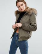 New Look Hooded Faux Fur Padded Bomber - Green