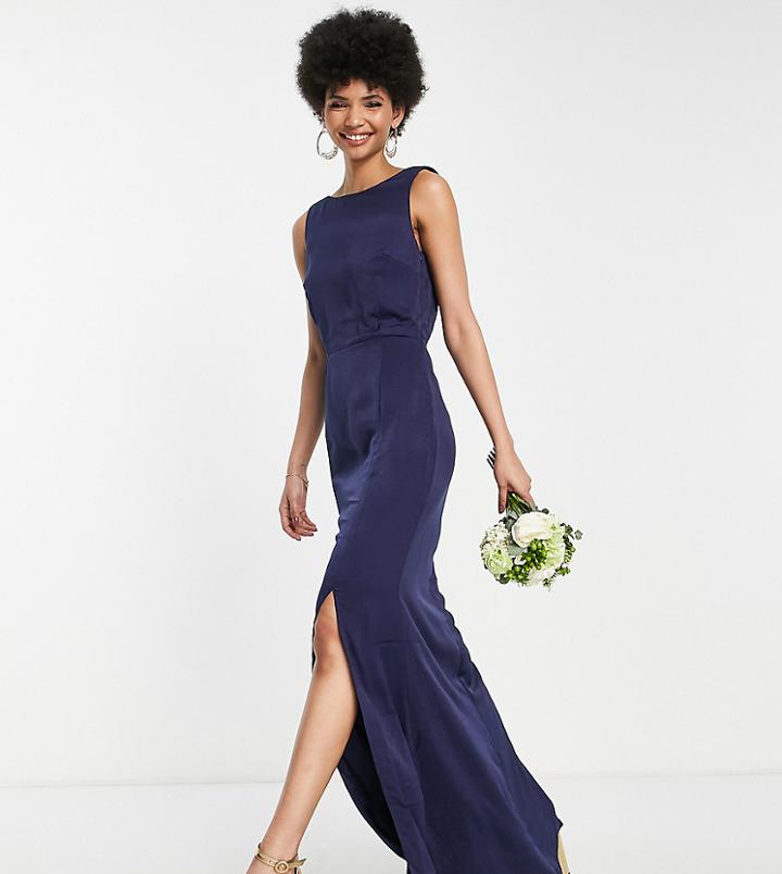 Little Mistress Tall Bridesmaid Satin Maxi Dress With Open Back In Navy