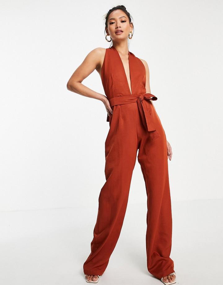 Vesper Plunge Front Jumpsuit In Ginger-copper