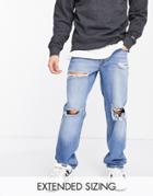 Asos Design Straight Leg Jeans In Vintage Mid Wash With Rips-blue