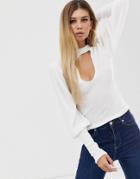 Asos Design Fine Sweater With Cut Out Detail And Volume Sleeve-white