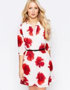 Yumi Belted Dress With 3/4 Sleeves In Bold Floral Print - White