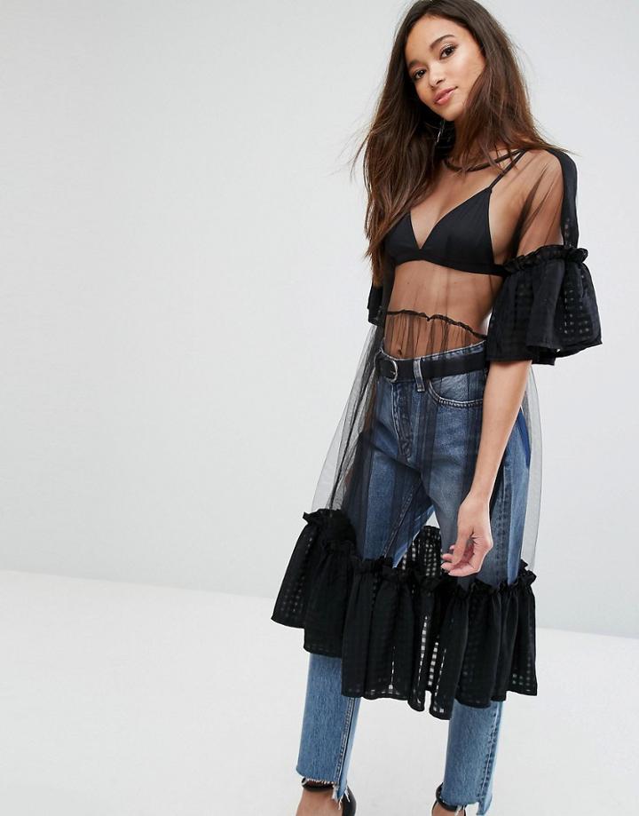 Prettylittlething Mesh Smock Dress - Black