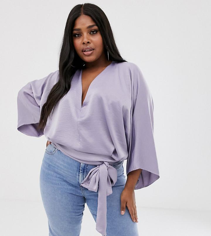 Asos Design Curve Plunge Top With Kimono Sleeve-beige