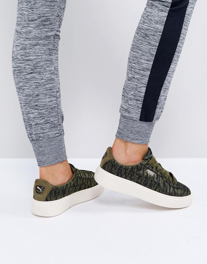 Puma Metallic Print Basket Platform Sneakers In Khaki - Green