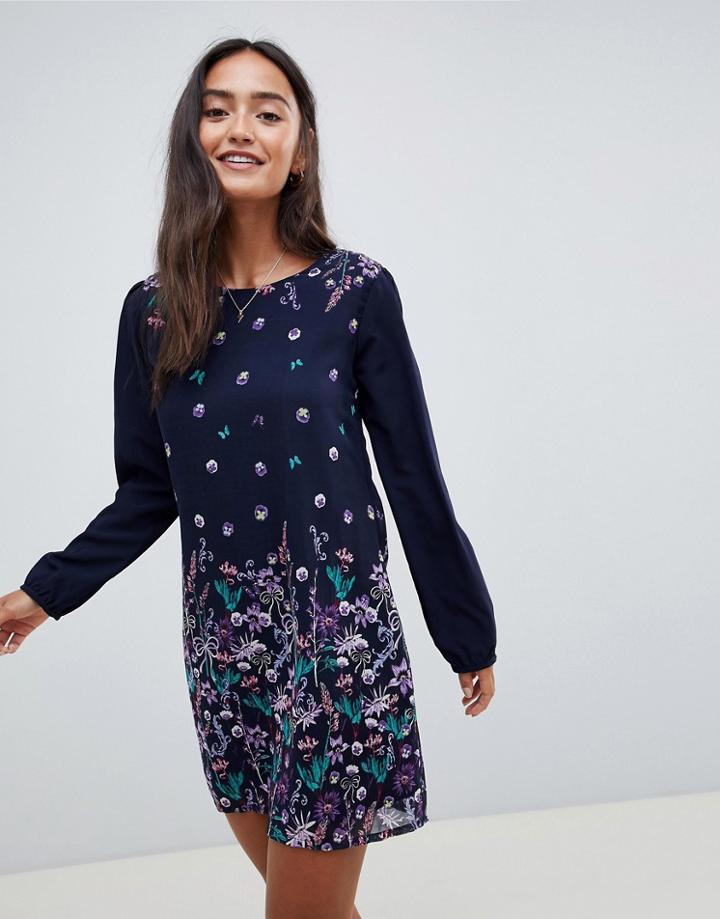 Yumi Tunic Shift Dress In Floral Border Print - Navy