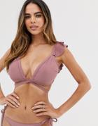 Asos Design Fuller Bust Plunge Frill Bikini Top In Mauve Dd-g - Purple