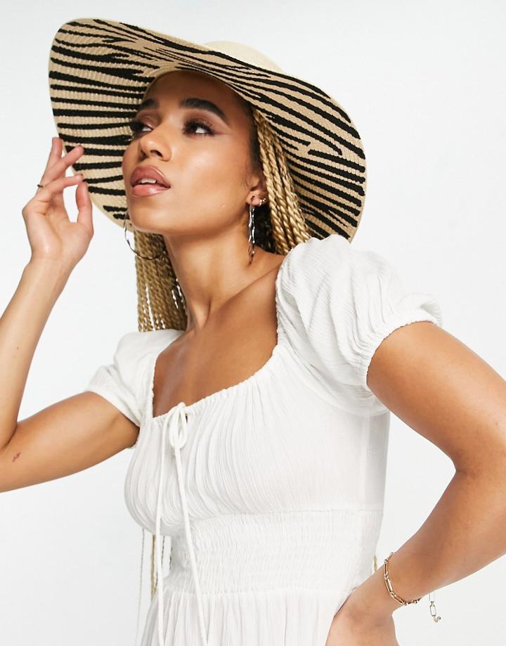 Asos Design Straw Floppy Hat With Animal Print Under Brim With Size Adjuster-neutral