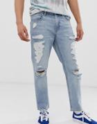 Asos Design Classic Rigid Jeans In Vintage Light Wash Blue With Heavy Rips