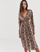 Asos Design Relaxed Long Sleeve Midi Dress With Knot Front In Snake Print-multi
