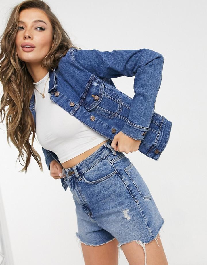 Bershka Fitted Denim Jacket In Medium Blue-blues
