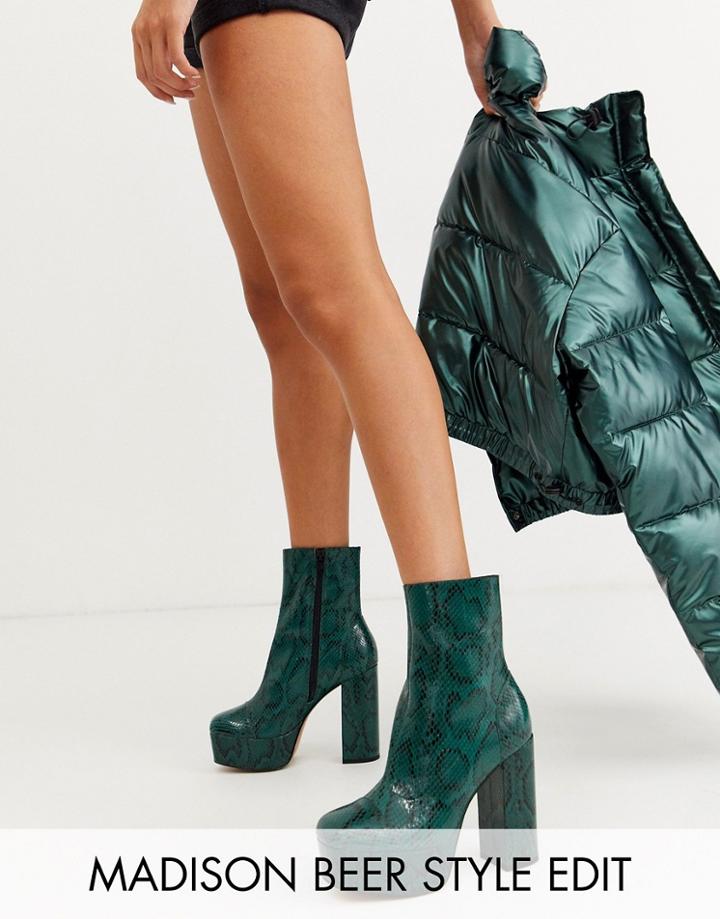 Asos Design Eclipse Leather Platform Ankle Boots In Green Snake - Green