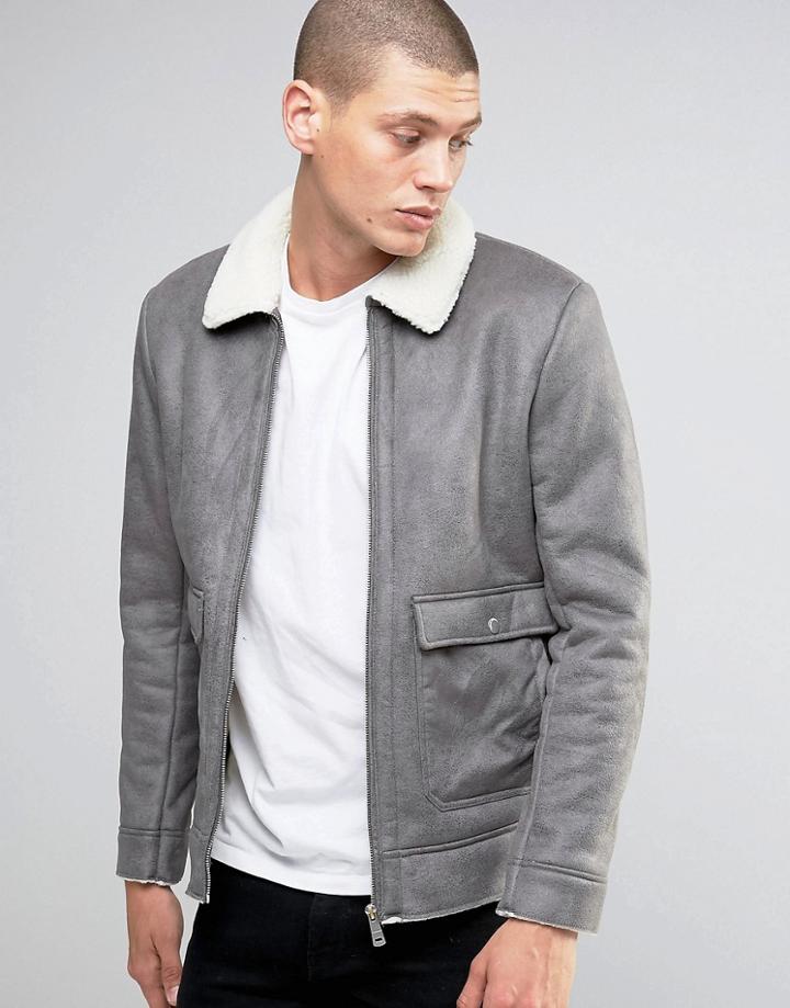 Brave Soul Faux Shearling Sherpa Collar Jacket - Gray