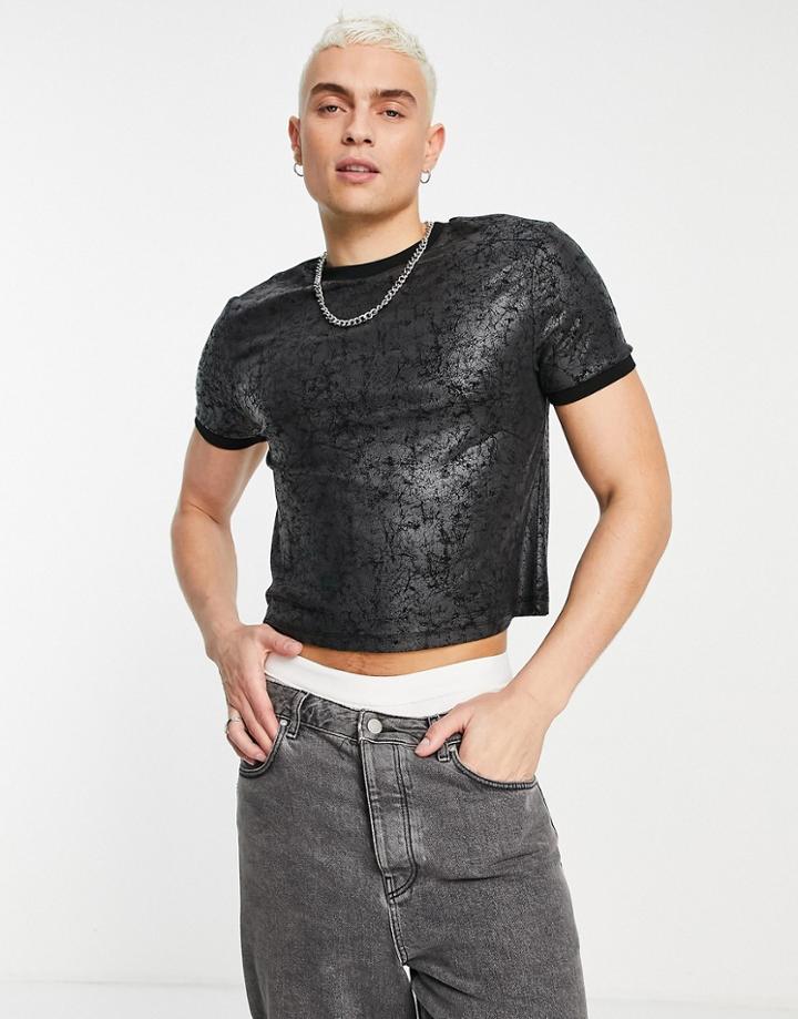 Asos Design Slim Shrunken T-shirt In Metallic With Contrast Neck And Cuffs-black
