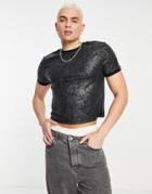 Asos Design Slim Shrunken T-shirt In Metallic With Contrast Neck And Cuffs-black
