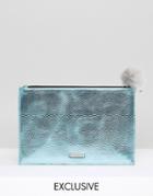 Skinnydip Exclusive Zip Top Pouch Bag In Metallic Blue With Gray Pom - Blue