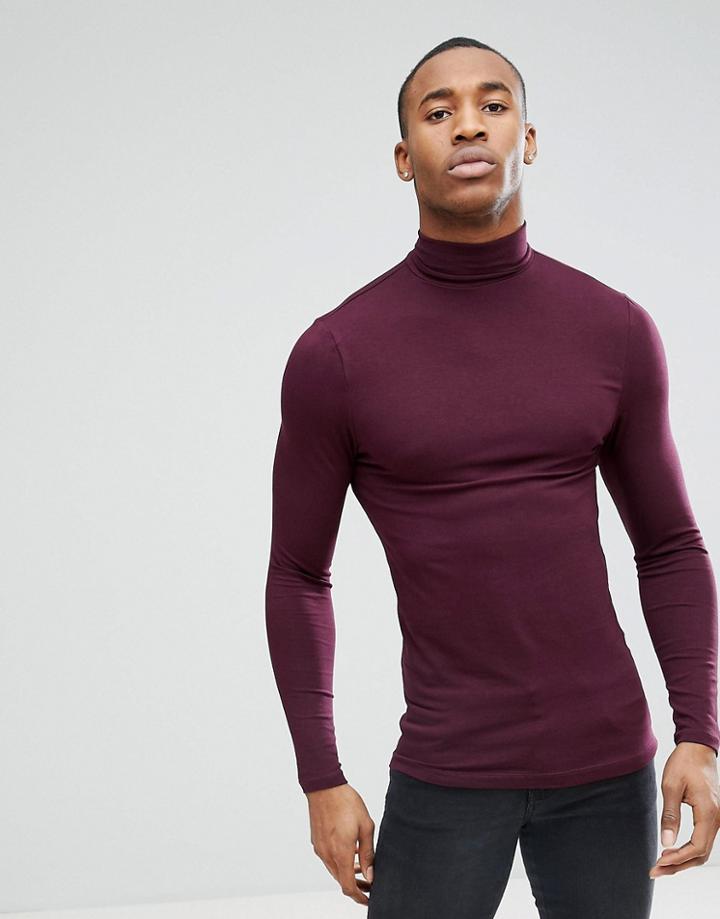 Asos Long Sleeve Muscle Fit Roll Neck T-shirt In Red - Red