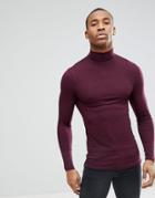 Asos Long Sleeve Muscle Fit Roll Neck T-shirt In Red - Red