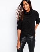 Only Longline Fluffy Sweater With High Neck - Black