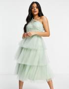 Chi Chi London One Shoulder Tiered Tulle Dress In Mint-green