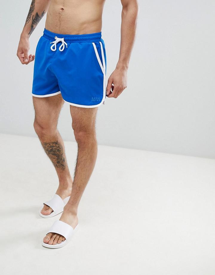 Boohooman Swim Shorts With Man Embroidery In Blue - Blue