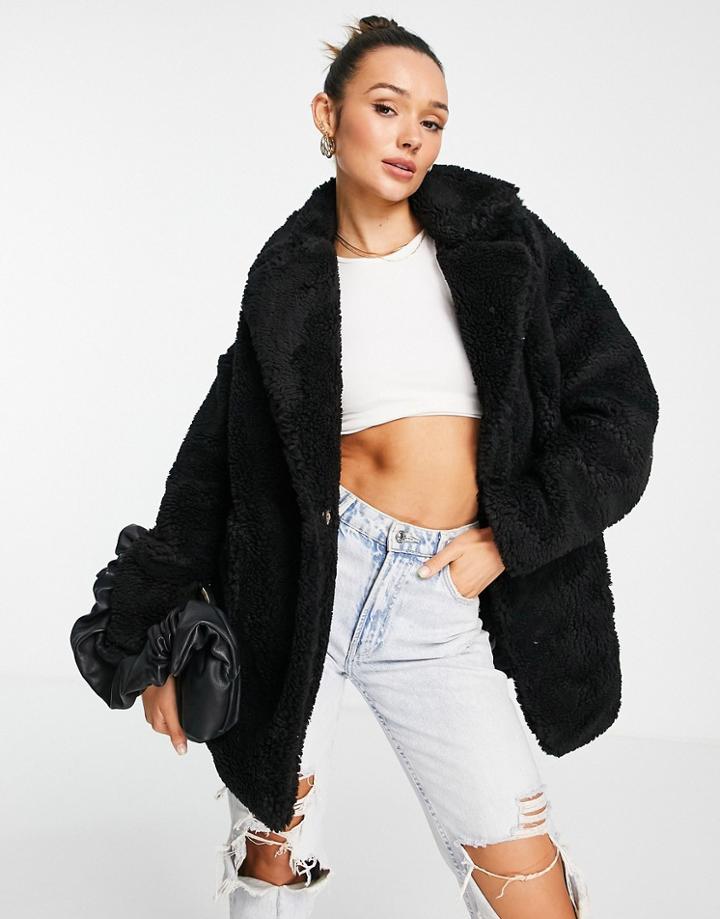 Topshop Borg Midi Coat With Patch Pockets In Black