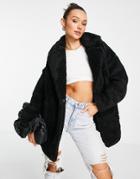 Topshop Borg Midi Coat With Patch Pockets In Black