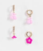 Asos Design Pack Of 2 Hoop Earrings With Plastic Cherry And Flower Charms-gold