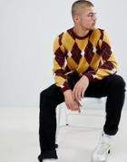 Asos Design Argyle Sweater In Mustard And Burgundy-multi