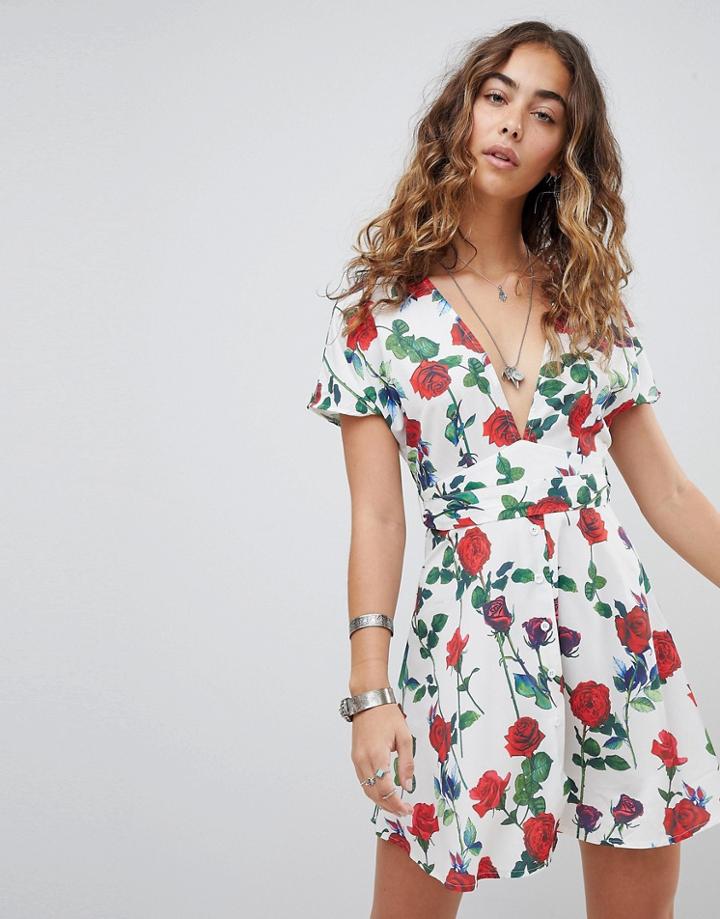 Kiss The Sky Deep V Tea Dress With Tie Waist In Floral Print - Multi