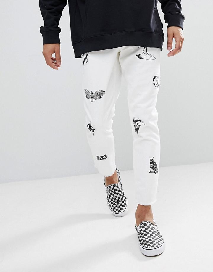 Asos Slim Jeans In White With Prints And Patches - White