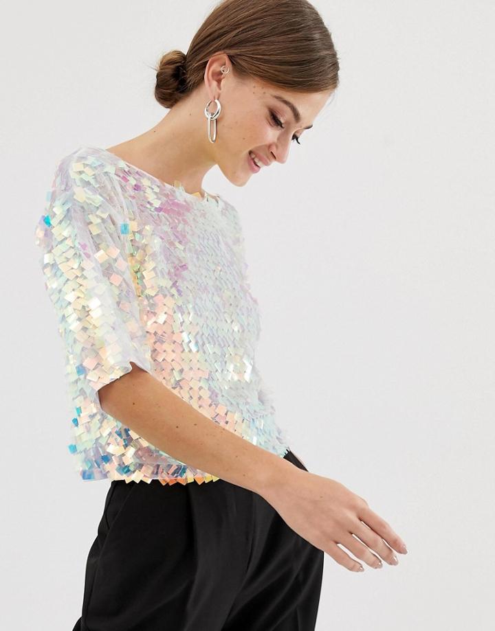 Asos Design T-shirt With All Over Square Sequin-blue