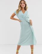 Asos Design Twist And Drape Front Midi Dress - Blue