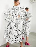 Asos Edition Drawstring Midi Dress In Light Spot Print-white
