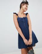 Asos Design Denim Mini Dress With Frill Strap Detail - Blue