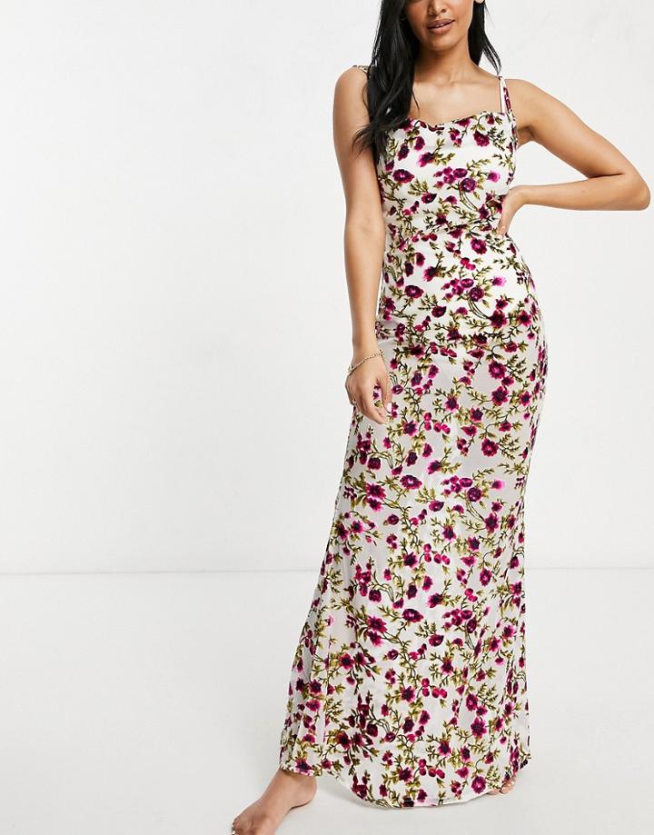 Asos Design Fuller Bust Cowl Neck Burnout Maxi Beach Dress In Rose Print-multi