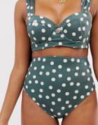 Asos Design Fuller Bust High Waist Bikini Bottom In Khaki Polka Dot-multi