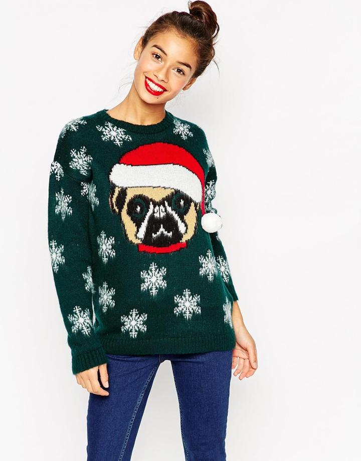 Asos Holiday Sweater With Pug - Green