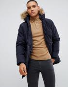 French Connection Faux Fur Hood Parka Jacket-navy