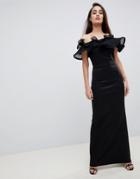 Lipsy Exaggerated Ruffle Bardot Maxi Dress In Black - Black